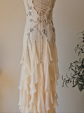 Apricot Mermaid Spaghetti Strap Embroidered Beaded Ruffle Chiffon Prom Dress Formal Dress HZ1023