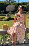 Sweet A Line Straps Corset Print Floral Satin Long Prom Dress Outfits HZ1023
