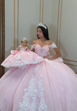 Pink Ball Gown Off the Shoulder Appliques Beaded Tulle Sweet 16 Dress Party Gowns Quinceanera Dresses HZ1023