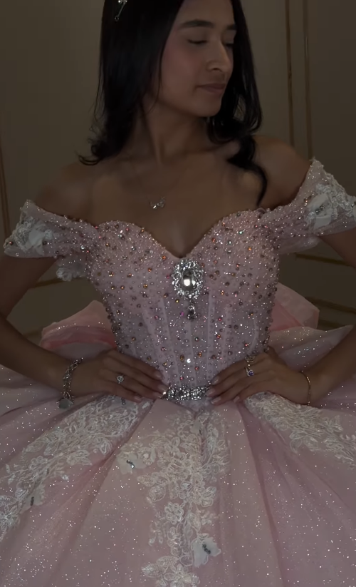 Pink Ball Gown Off the Shoulder Appliques Beaded Tulle Sweet 16 Dress Party Gowns Quinceanera Dresses HZ1023
