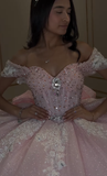 Pink Ball Gown Off the Shoulder Appliques Beaded Tulle Sweet 16 Dress Party Gowns Quinceanera Dresses HZ1023