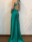 Vintage Sheath V Neck Sequin Beaded Green Satin Open Back Prom Dress Evening Dress HZ1023