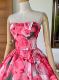 Vintage Pink A Line Strapless Print Flower Satin Prom Dress Evening Dress HZ1023