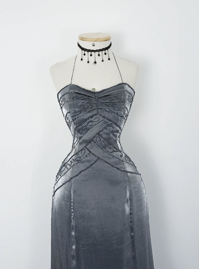 Retro A Line Spaghetti Strap Grey Beaded Satin Long Evening Dress Party Dress HZ1023