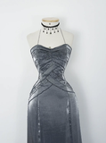 Retro A Line Spaghetti Strap Grey Beaded Satin Long Evening Dress Party Dress HZ1023
