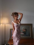 Retro Pink Print Floral V Neck Chiffon Long Outfit Party Dress 16 Birthday Dress HZ1023