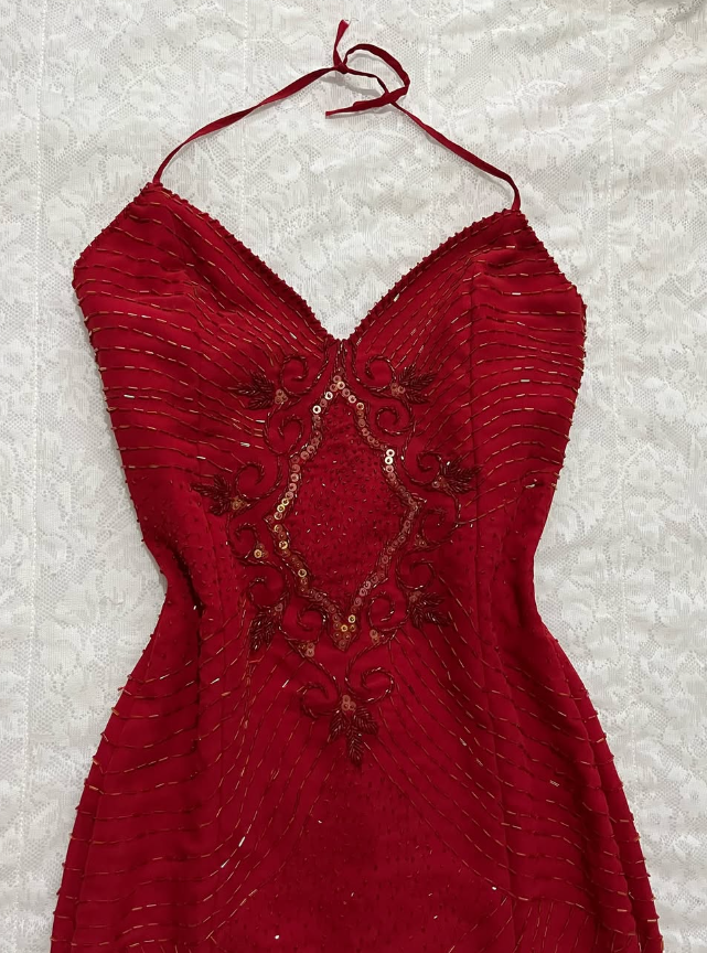 Vintage Mermaid Spaghetti Strap Sequin Beaded Red Chiffon Evening Dress Party Dress HZ1023