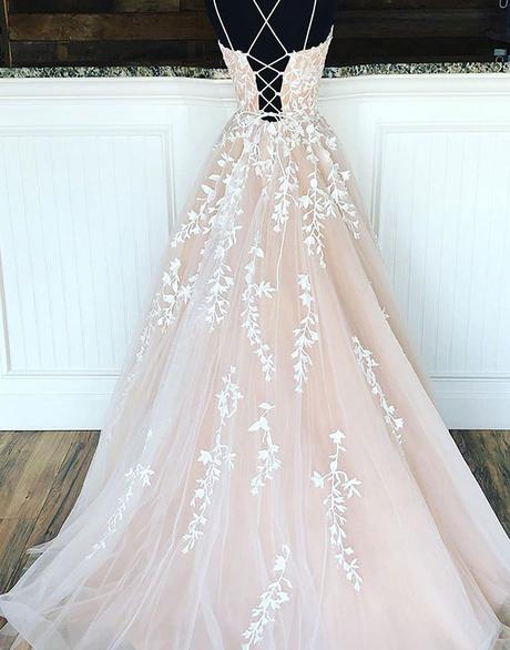A-line ivory long prom dress with lace appliques HZ1023