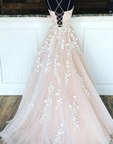 A-line ivory long prom dress with lace appliques HZ1023