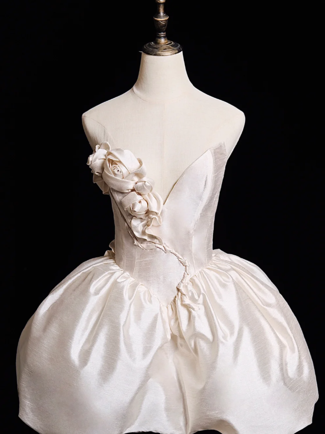 Cute A Line V Neck 3D Floral White Satin Short Homecoming Dress Birthday Dress HZ1023