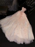 Romantic A Line Sweetheart Neck Floral Beaded Pink Tulle Prom Dress Evening Dress HZ1023