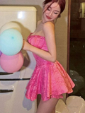 Sexy A Line Pink Strapless Rufflesd Homecoming Dress Short Party Dress HZ1023