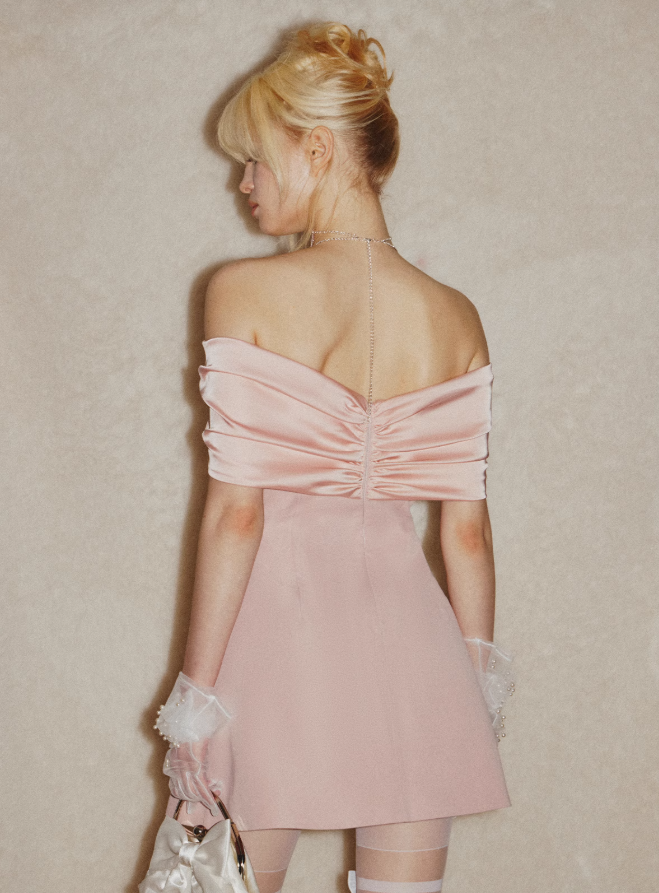 Princess Pink A Line Off the Shoulder Satin Short Outfit Party Dress Homecoming Dress Birthday Dress HZ1023