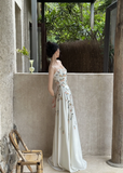 Elegant Floral A Line Spaghetti Strap White Satin Long Prom Dress Formal Dress 16th Birthday Dress HZ1023