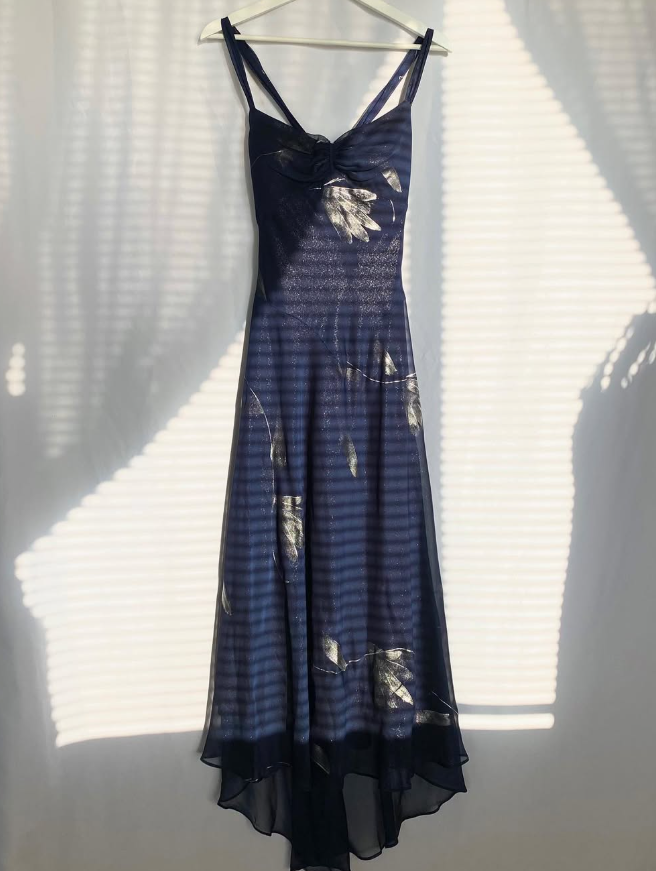 Charming Print Floral A Line Spaghetti Strap Navy Blue Chiffon Homecoming Dress Party Dress HZ1023