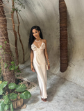 Beige A Line Spaghetti Strap Floral Satin Prom Dress Evening Dress HZ1023