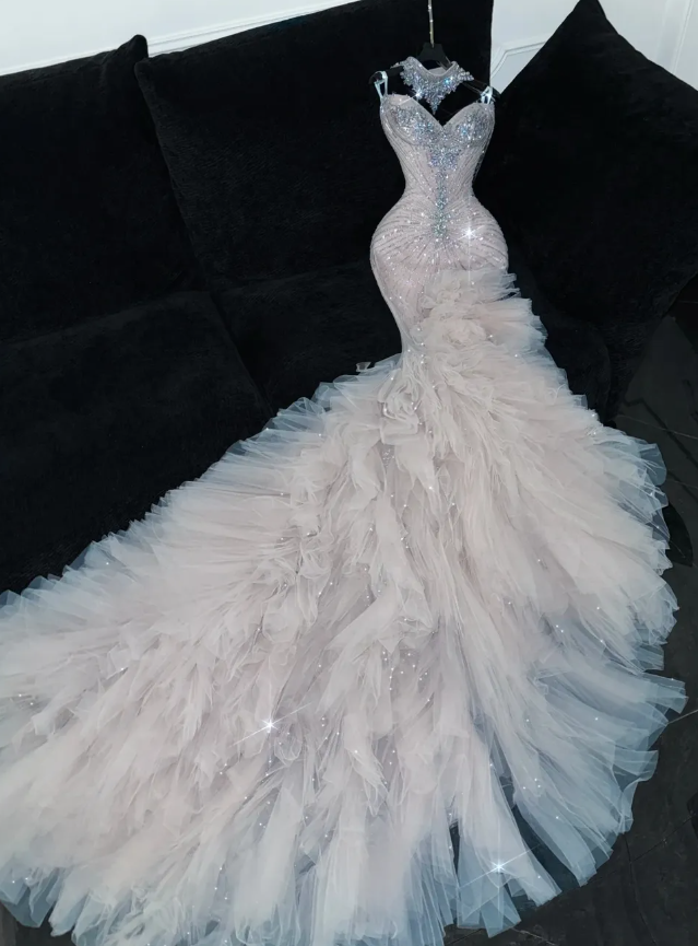 Mermaid Beaded Sweetheart Neck Tulle Long Prom Dress Evening Dress Party Dress HZ1023