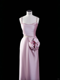 Simple Pink Sheath Spaghetti Strap Flower Satin Party Dress Evening Dress HZ1023