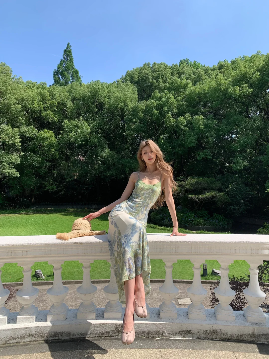 Elegant A Line Spaghetti Strap Green Print Floral Chiffon Prom Dress Evening Dress HZ1023