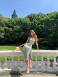 Elegant A Line Spaghetti Strap Green Print Floral Chiffon Prom Dress Evening Dress HZ1023