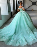 Pretty Green Ball Gown Off the Shoulder Appliques Tulle Sweet 16 Dress Party Gowns Quinceanera Dresses HZ1023