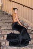 Black Mermaid Velvet Open Back Long Prom Dress Wedding Guest Dress HZ1023