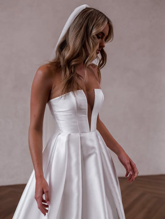 A Line Deep V Neck Satin Long Sweep Wedding Dress Prom Dress with Slit HZ1023