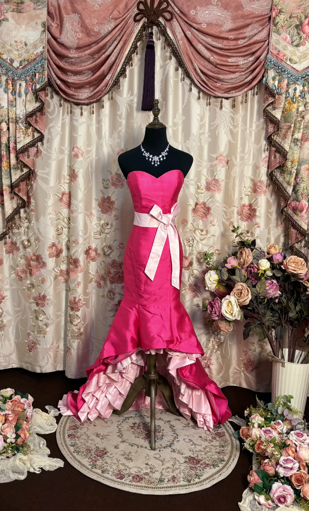 Vintage Pink Mermaid Sweetheart Neck Bow Satin Long Sweep Prom Dress Evening Dress HZ1023