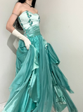 Blue Ombre Vintage A Line Sweetheart Neck Appliques Satin Chiffon Prom Dress Evening Dress HZ1023