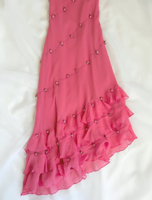 Vintage Pink Floral Beaded Ruffles Chiffon Prom Dress Evening Party Gowns HZ1023