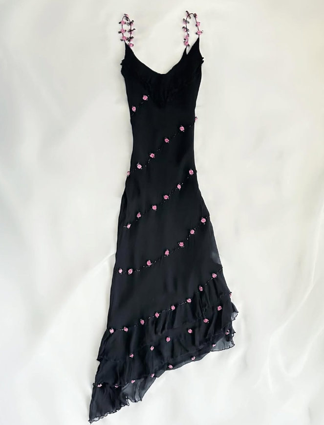 Vintage Blue Floral Black Beaded Ruffles Chiffon Prom Dress Evening Party Gowns HZ1023
