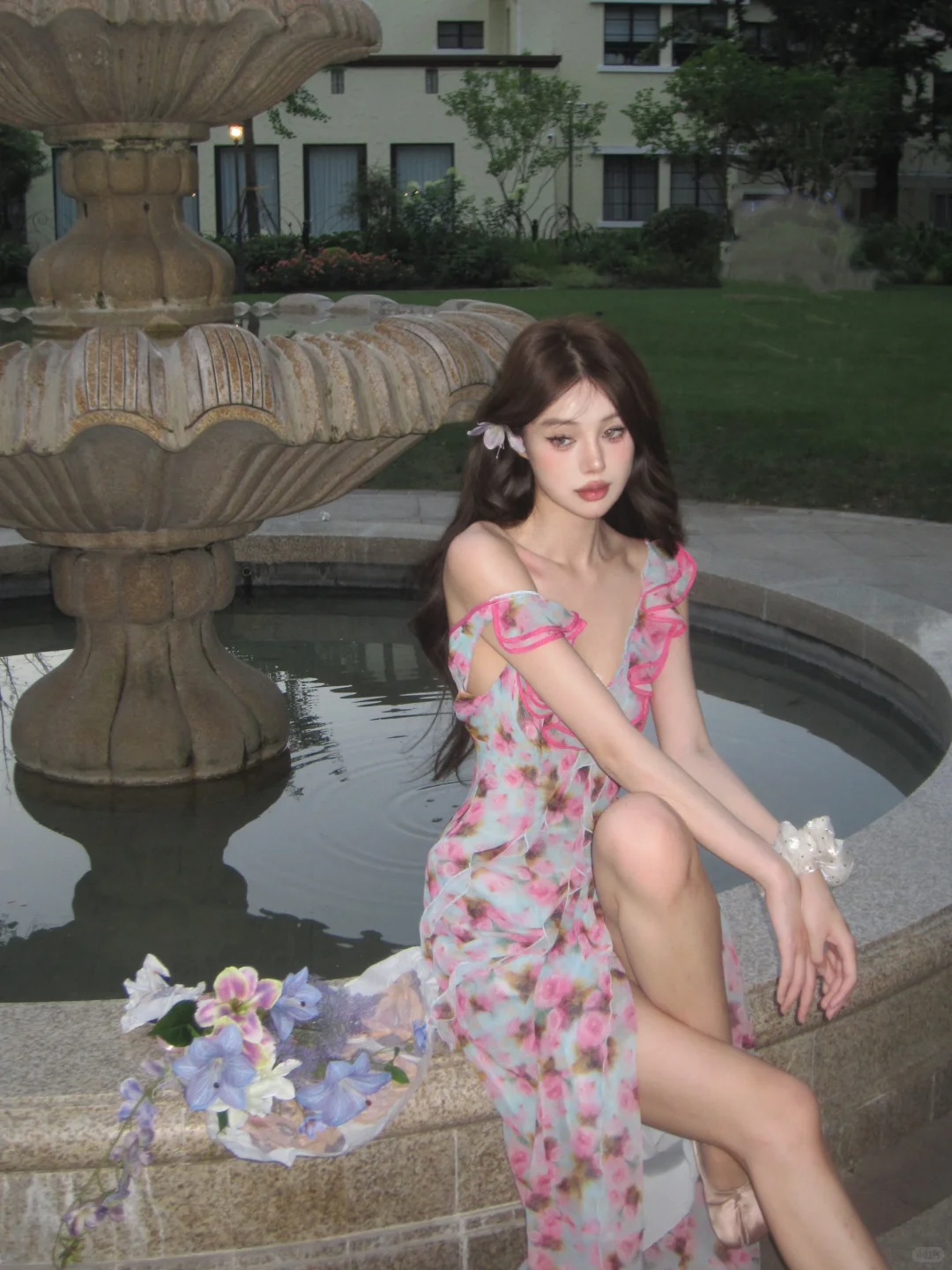 Romantic A Line Spaghetti Strap Print Floral Chiffon Prom Dress Outfits HZ1023
