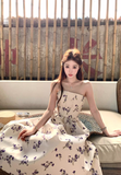 Purple Print Floral A Line Strapless Satin Long Prom Dress Party Dress Birthday Dress HZ1023