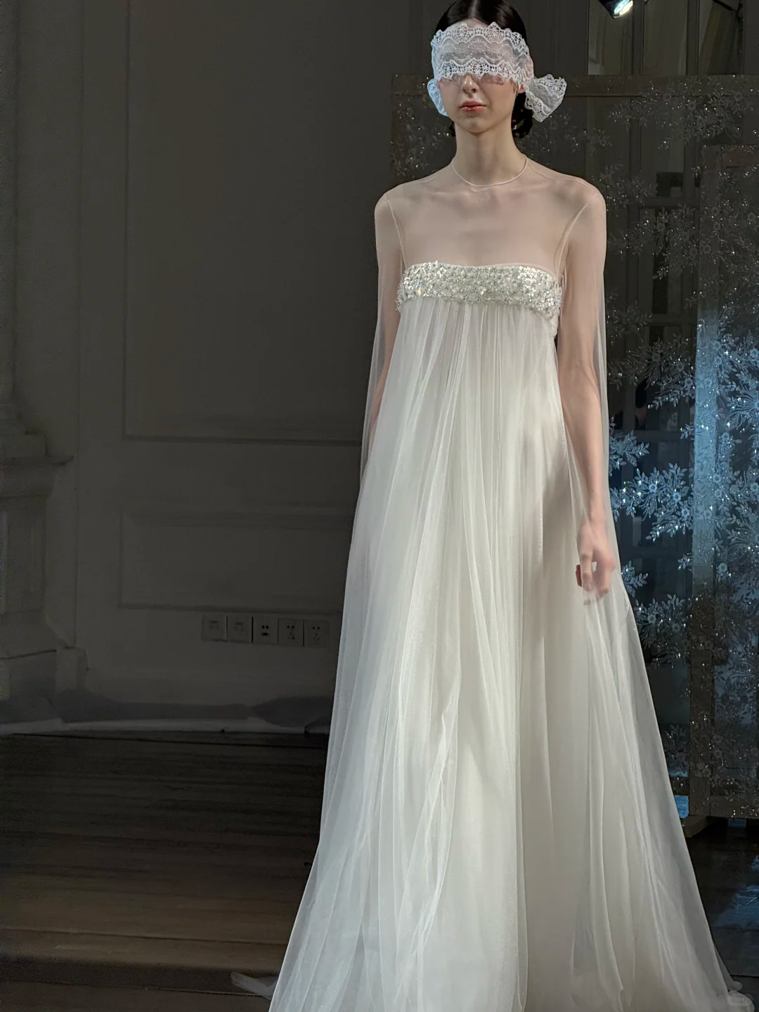 White A Line Long Sleeve Beaded Flowy Tulle Prom Dress Evening Dress HZ1023