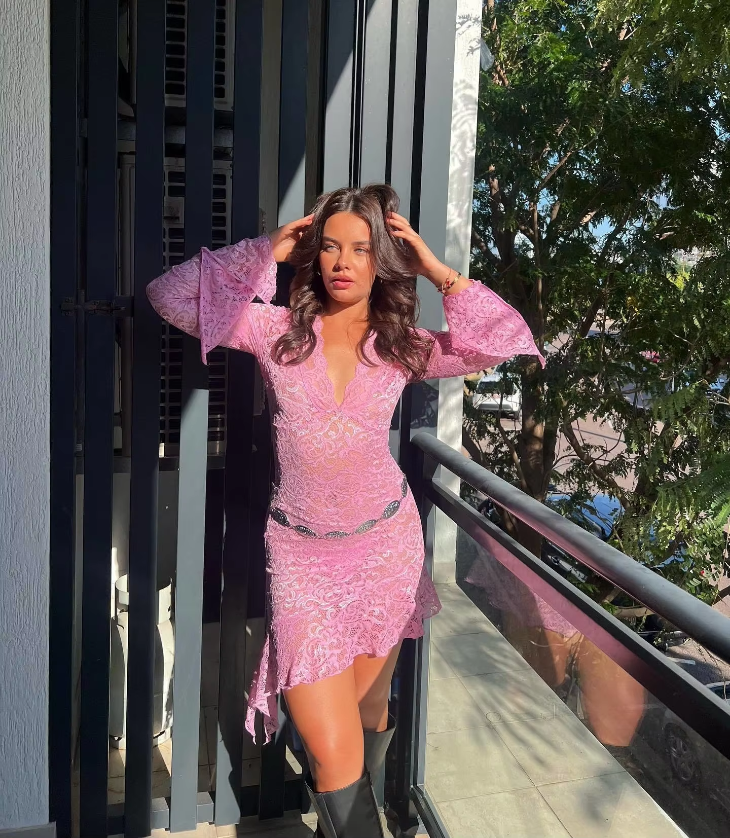 Sexy Sheath Long Sleeve Pink Lace Short Party Dress Outfits HZ1023