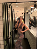 Sexy Print Floral V Neck Black Lace Chiffon Long Outfit Party Dress Vacation Dress Birthday Dress HZ1023