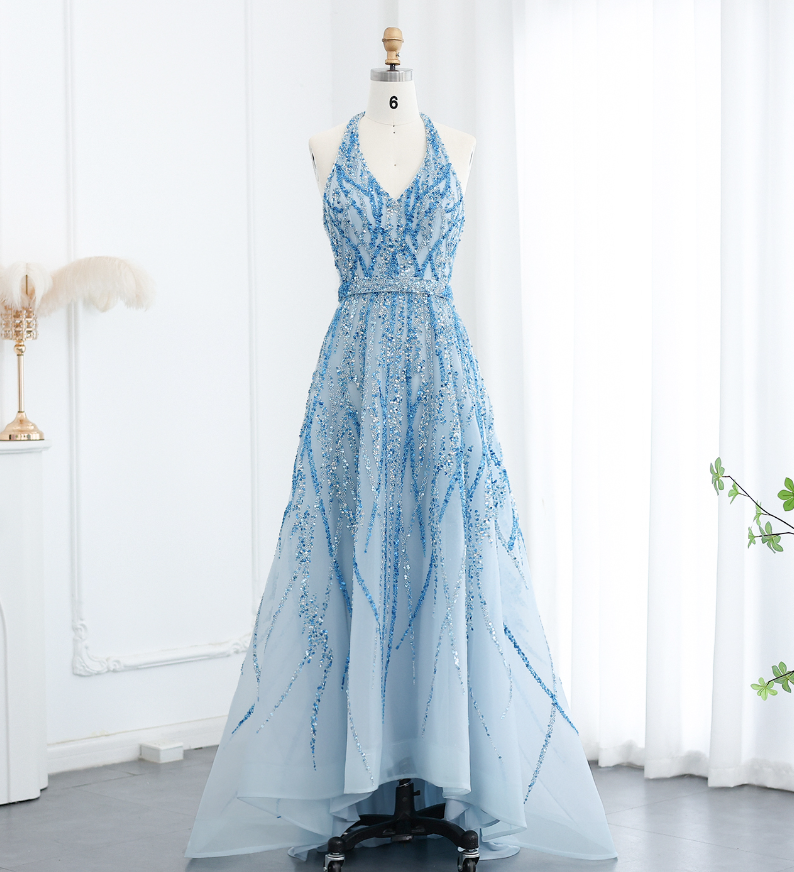 Blue A Line V Neck Sequin Beaded Tulle Long Prom Dress Evening Dress HZ1023