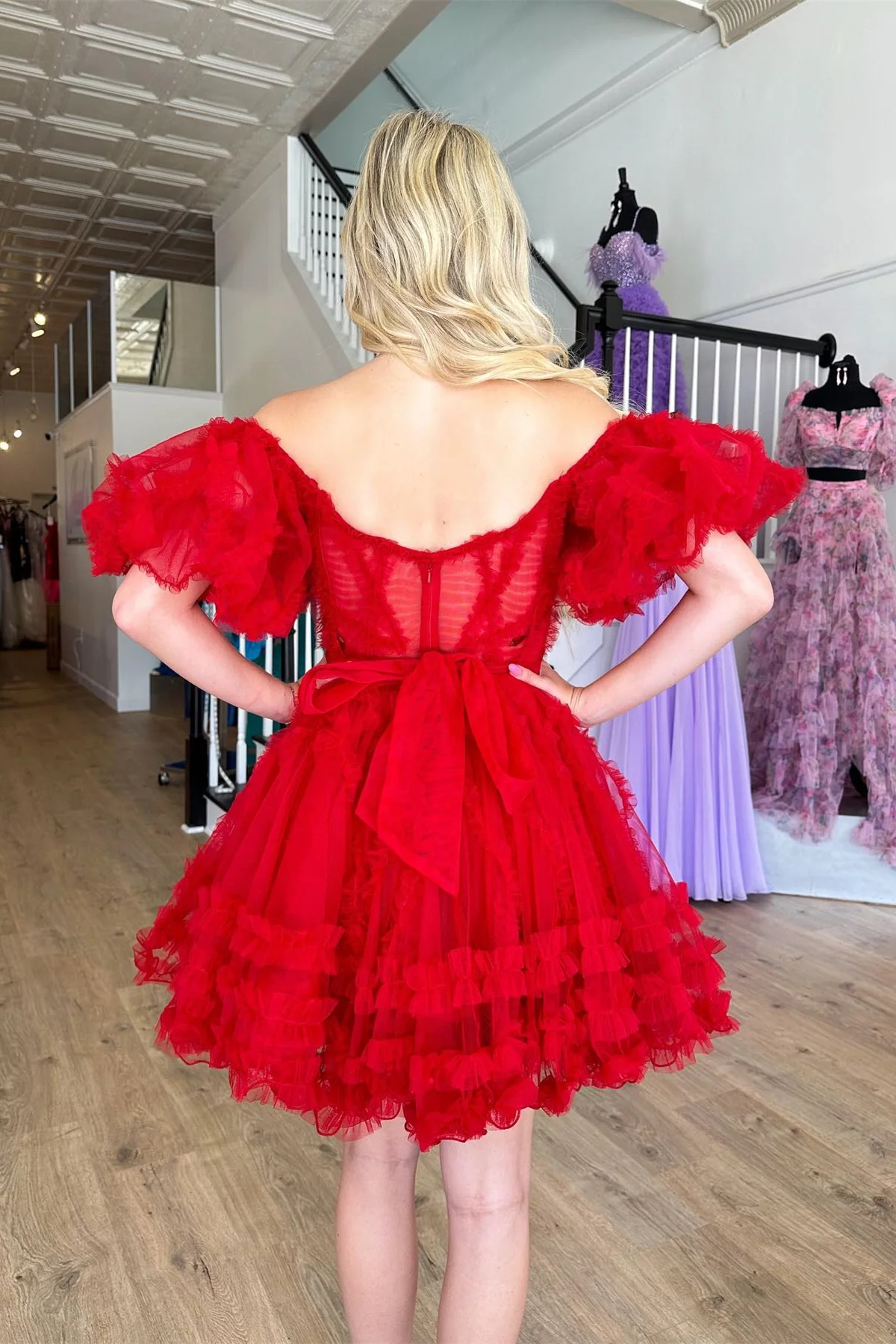 Pink Off-the-Shoulder Ruffles Puff Sleeves Homecoming Dress,Party Dress HZ1023