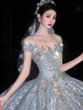 Shiny Rhinestone Beaded Silver Sequin Ball V Neck Prom Dress Evening Dress Party Dress HZ1023