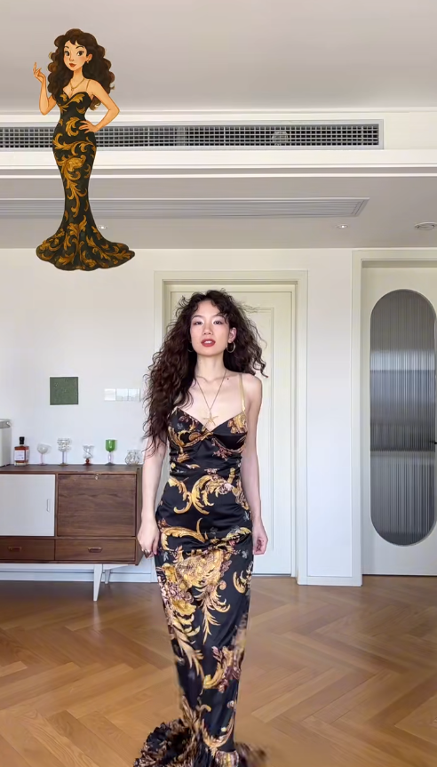 Classic Mermaid Spaghetti Strap Printed Floral Black Satin Prom Dress Wedding Guest Dress HZ1023
