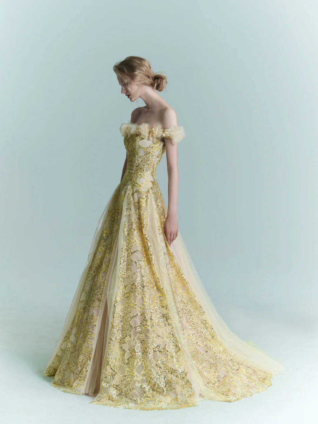 Yellow A Line Off the Shoulder Floral Sequin Tulle Prom Dress Evening Dress HZ1023