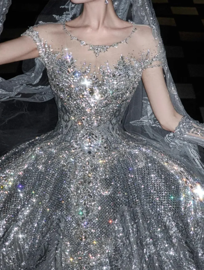 Silver Sequin Ball Gown Round Neck Prom Dress Evening Dress Party Dress HZ1023