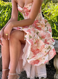 Sweet A Line Straps Corset Print Floral Satin Long Prom Dress Outfits HZ1023