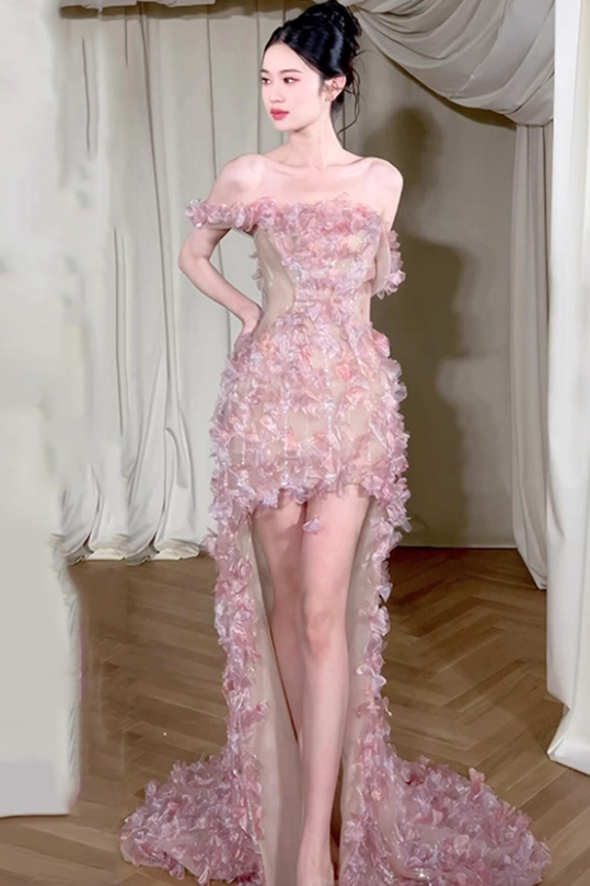 Romantic A Line Off the Shoulder Floral Tulle Prom Dress 16th Birthday Dress HZ1023