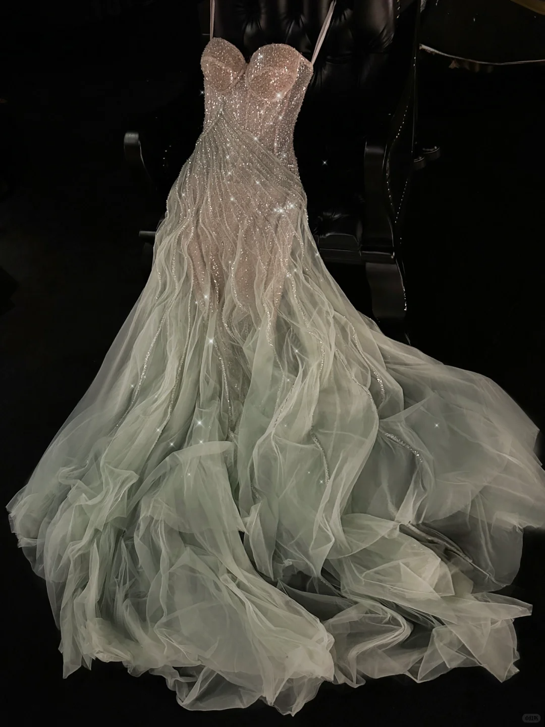 Romantic A Line Strapless Beaded Green Champagne Tulle Party Dress Evening Dress HZ1023