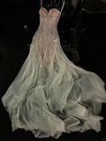 Romantic A Line Strapless Beaded Green Champagne Tulle Party Dress Evening Dress HZ1023