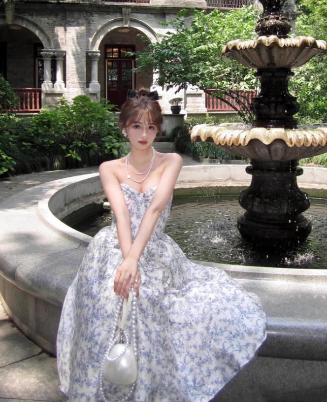 Blue A Line Sweetheart Neck Print Floral Satin Prom Dress 16th Birthday Dress HZ1023