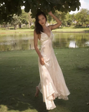 Elegant A Line Spaghetti Strap Print Floral Satin Long Party Dress Wedding Guest Dress HZ1023