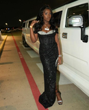 Black Sequin Beaded Slit Prom Dress HZ1023