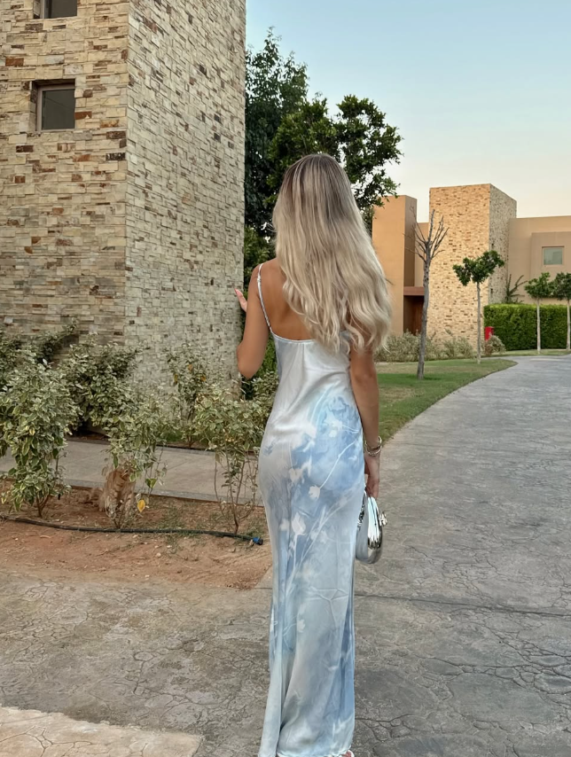 Elegant Blue Print Floral Mermaid Spaghetti Strap Satin Long Party Dress Cocktail Dress HZ1023